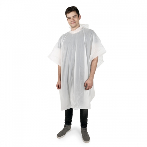 Frontansicht Bio Regenponcho mit Individueller Papierbanderole für Events und Open Air Veranstaltungen